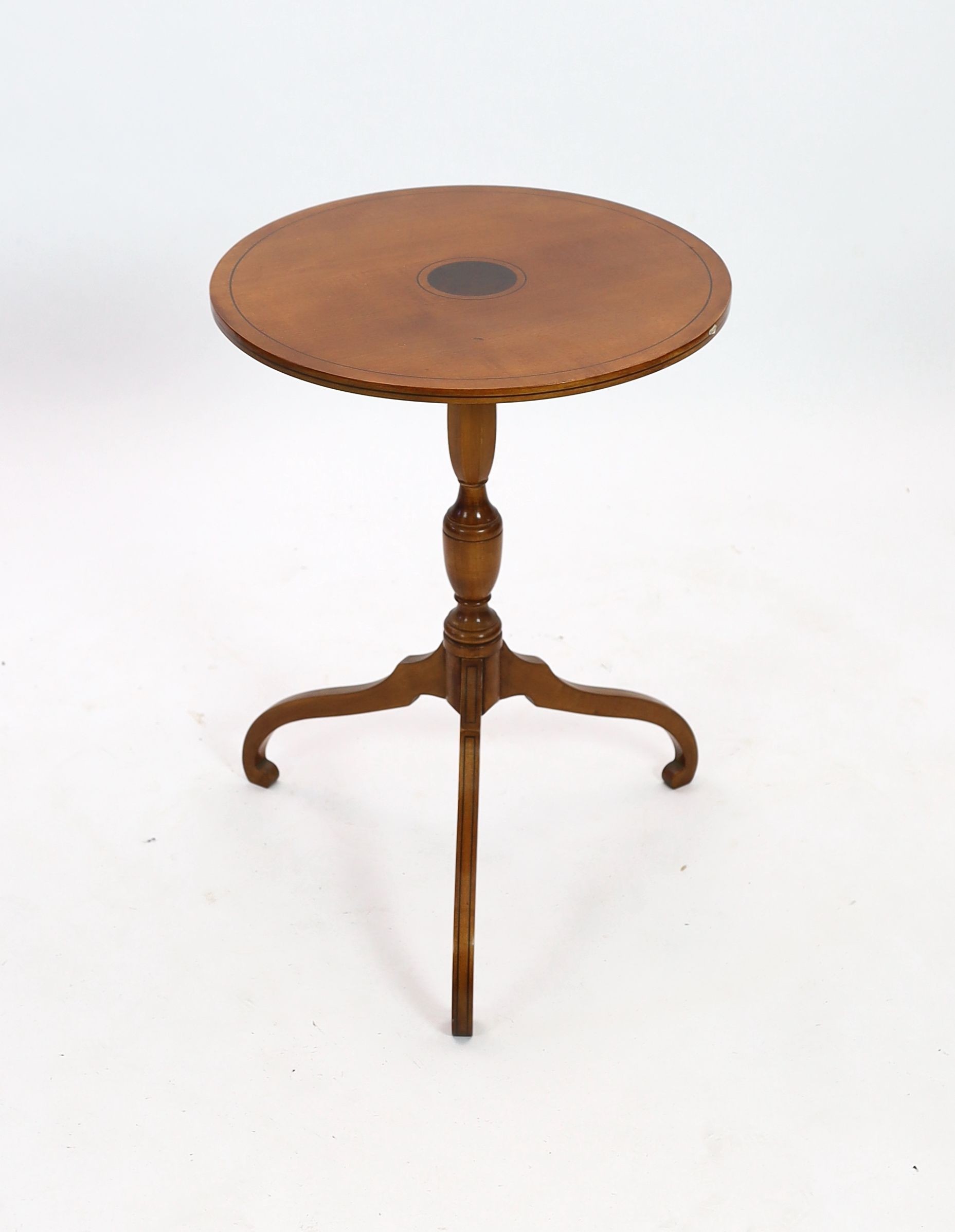 A Sheraton revival circular satinwood tripod wine table, diameter 47cm height 66cm